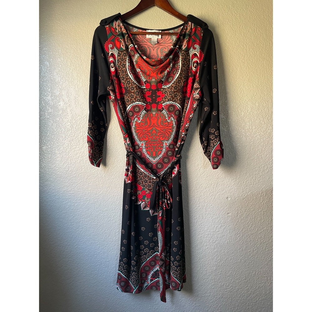 Joseph Ribkoff US 12 Cowl Slouch Neck Belted Boho 3/4 Roll Tab Sleeve Midi Dress